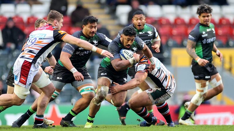 Connacht’s Bundee Aki is tackled by James Whitcombe of Leicester during the Heineken Champions Cup match at Welford Road. Photograph: James Crombie/Inpho