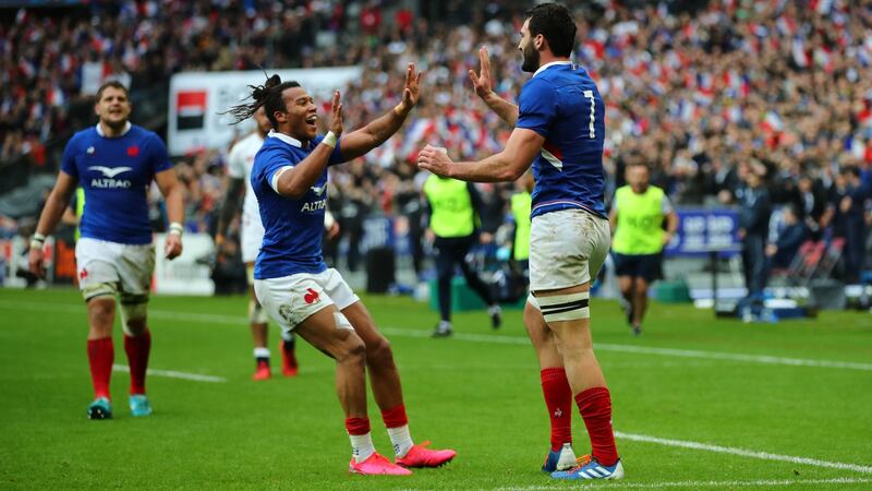 Charles Ollivon celebrates with Teddy Thomas after scoring a try against England in February. Photograph: James Crombie/Inpho