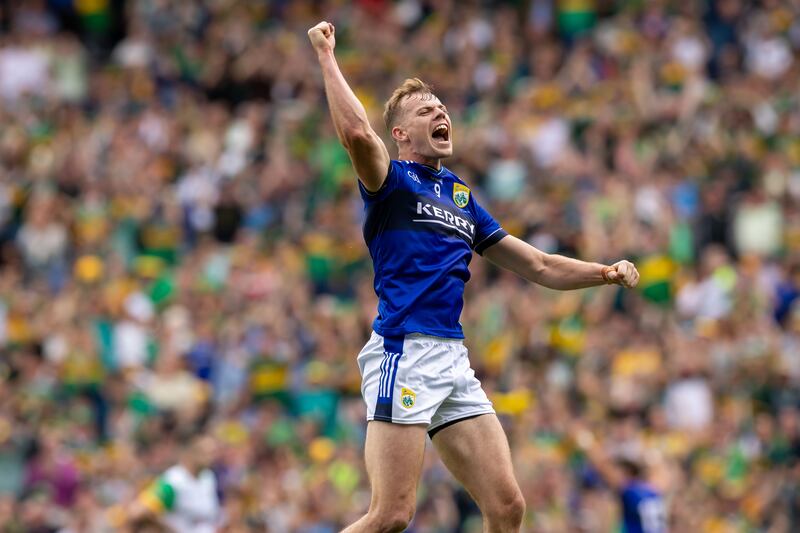Kerry’s Mark O'Shea celebrates at the final whistle. Photograph: Morgan Treacy/Inpho