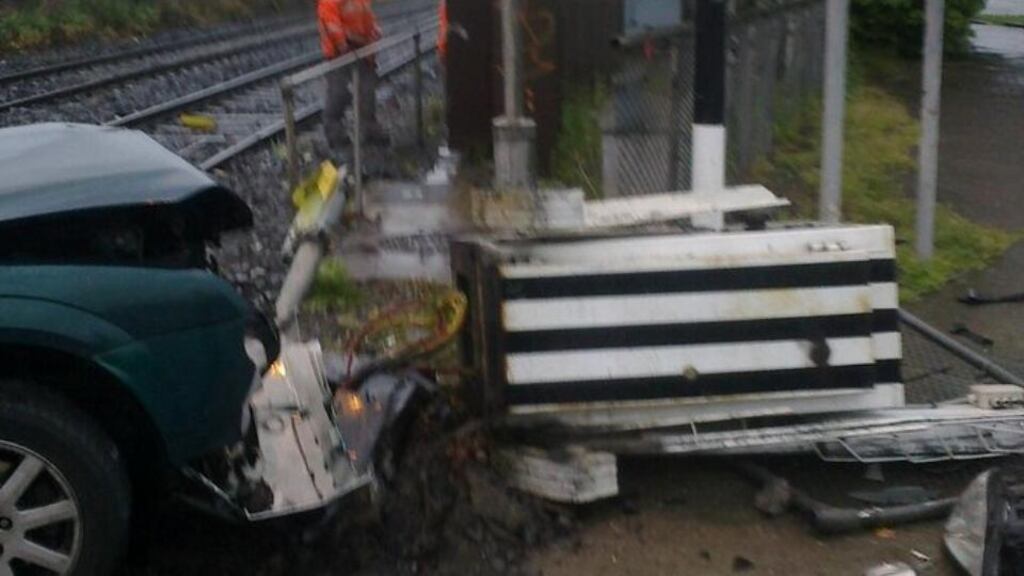 The aftermath of this morning’s incident in which a car damaged Merrion Gates. Photograph: Irish Rail