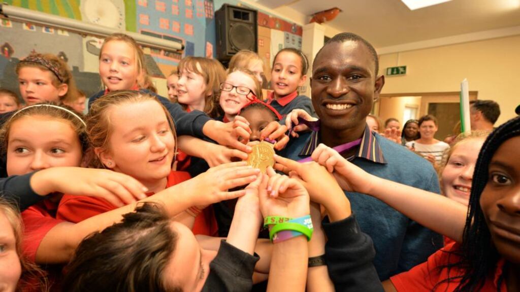 Olympic 800m champion David Rudisha visits Scoil Rois, Galway. Photograph: MikeKingPhoto