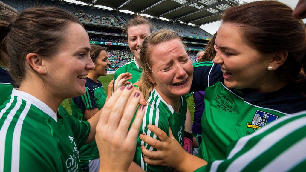 Limerick’s Olivia Giltenane celebrates after her side’s win over Louth. Photograph: Oisin Keniry/Inpho