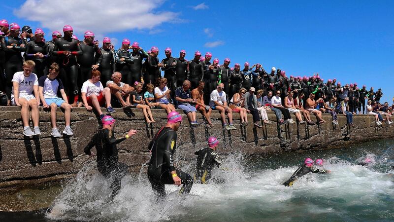 Hundreds of participants and thousands of spectators during the Wicklow Harbourman triathlon. Photograph: Garry O’Neill
