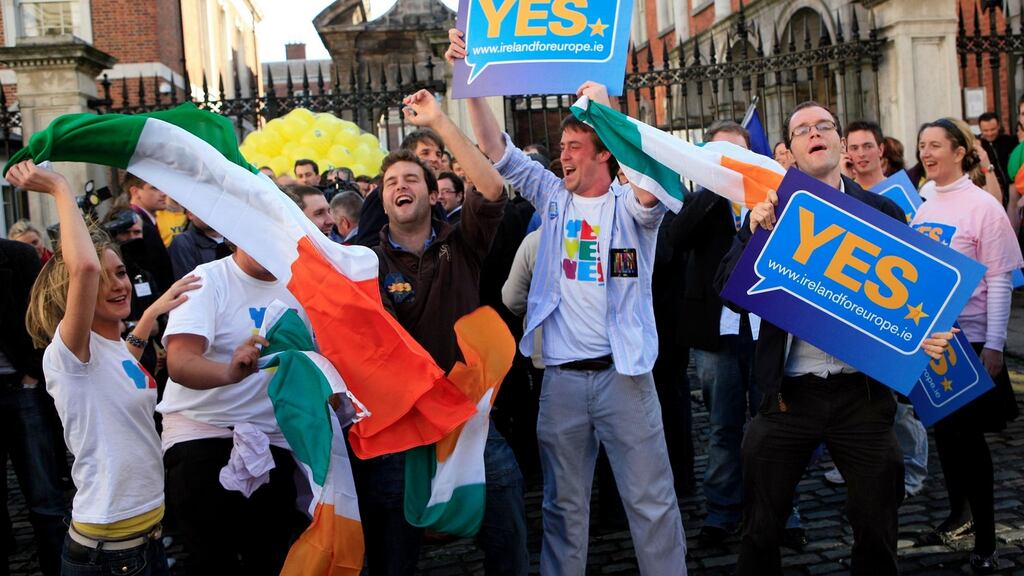 “Yes” campaigners celebrate after the Lisbon Treaty referendum, outside Dublin Castle on  October 3rd, 2009. File photograph: Cathal McNaughton/Reuters