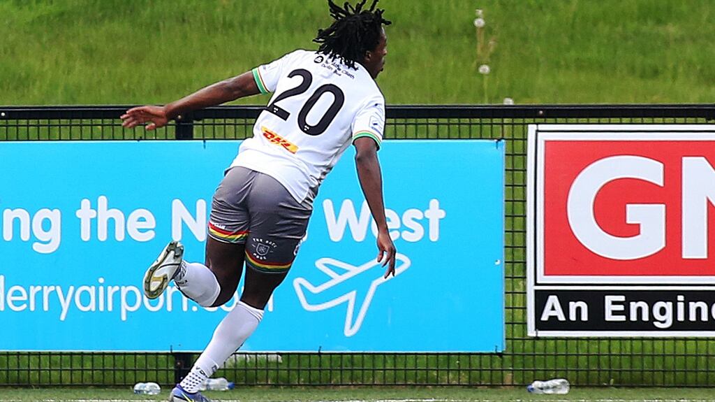 Promise Omochere celebrates after taking the lead for Bohs. Photograph: Lorcan Doherty/Inpho