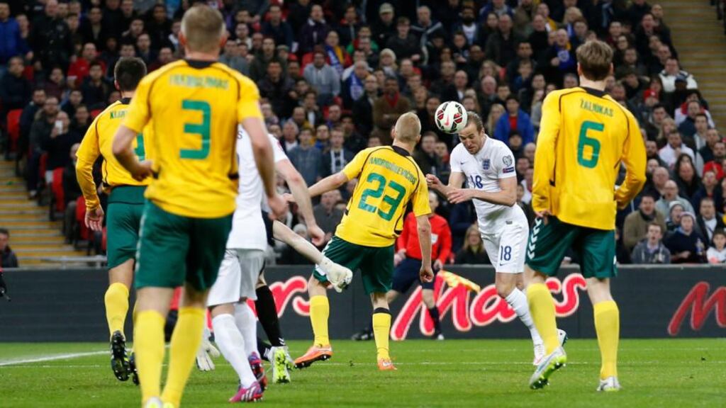 Harry Kane heads home England’s fourth goal after just 80 seconds on the pitch in the Euro 2016 Group E game against Lithuania at Wembley Stadium. Photograph: Carl Recine/Action Images/Reuters/Livepic
