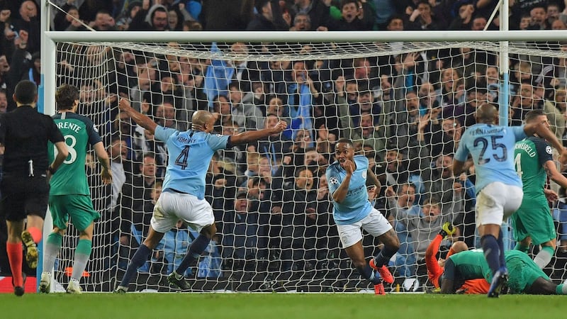 Sterling celebrates what City thought was thr winner. Photo: Anthony Devlin/Getty Images