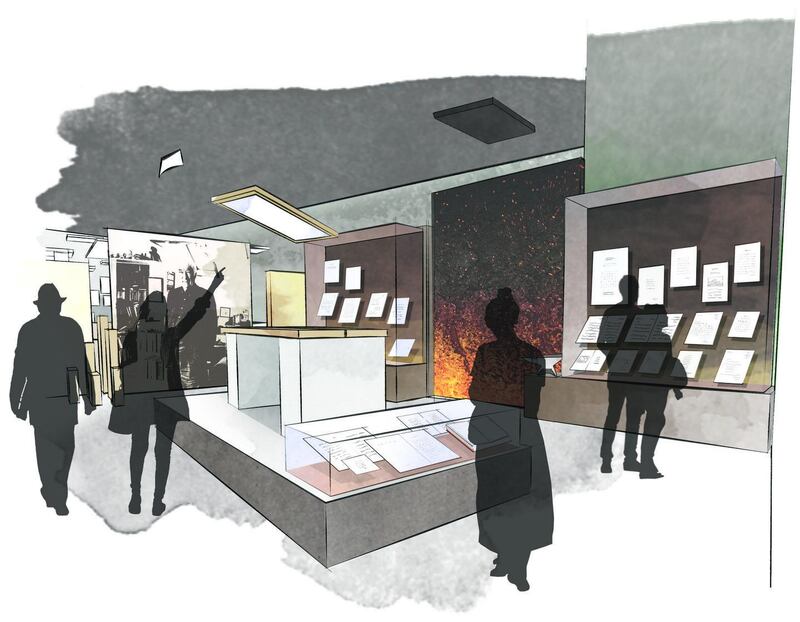 Seamus Heaney: Listen Now Again: how the Creativity section of the exhibition will look. Illustration courtesy National Library of Ireland