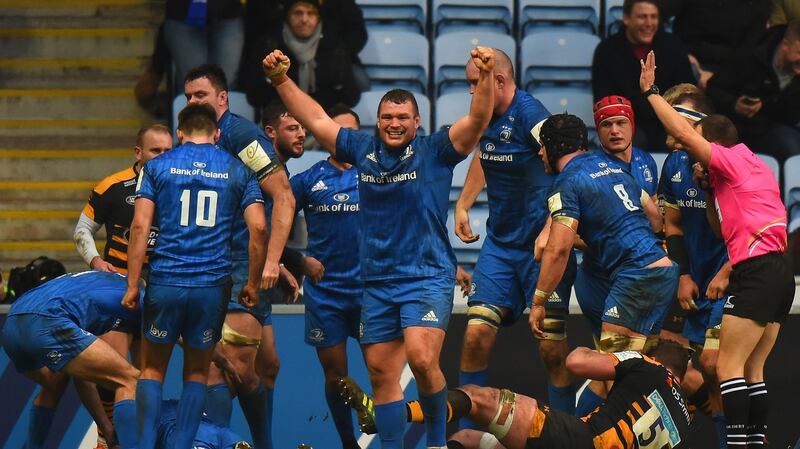 Jack McGrath celebrates the first of Sean Cronin’s two tries against Wasps. Photograph: Tony Marshall/Getty