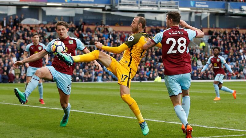 Glenn Murray reaches for the ball during Brighton’s goalless draw at Burnley. Photograph: Andrew Yates/Reuters