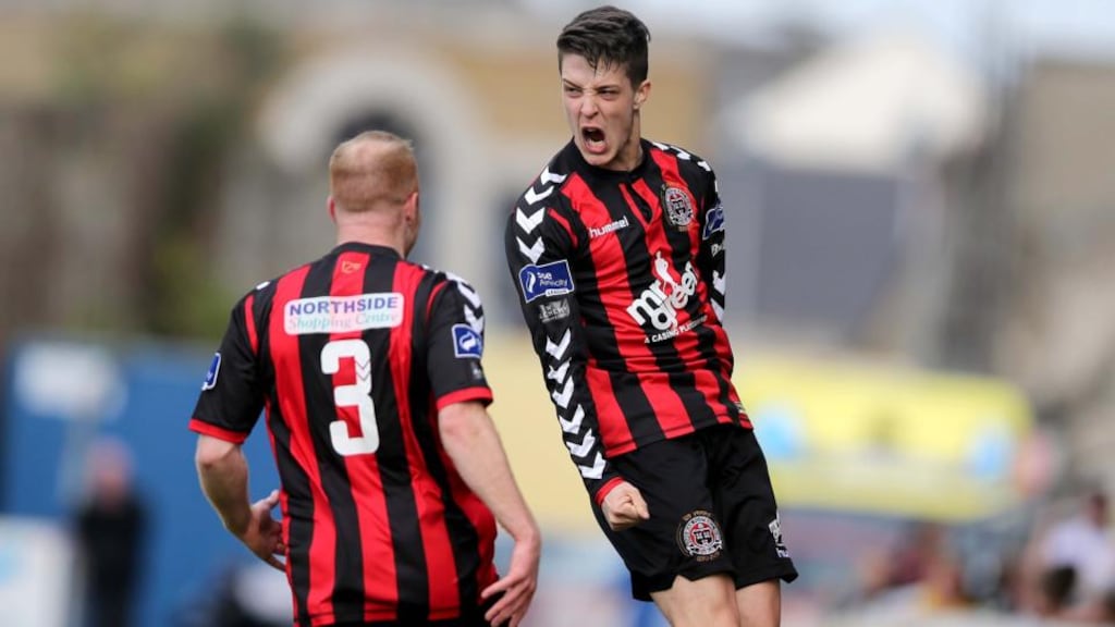 Adam Evans celebrates scoring the equalising goal for Bohemians with team-mate Lorcan Fitzgerald during the SSE Airtricity League Premier Division game at Dalymount Park. Photo: Donall Farmer/Inpho