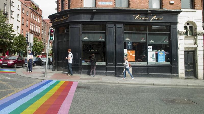 Introducing ‘rainbow walks’ to Dublin streets will make the city a more attractive proposition for gay tourists, according to local Fine Gael members – areas on Dame Street and Capel Street have been identified as possibile locations (artist’s impression)