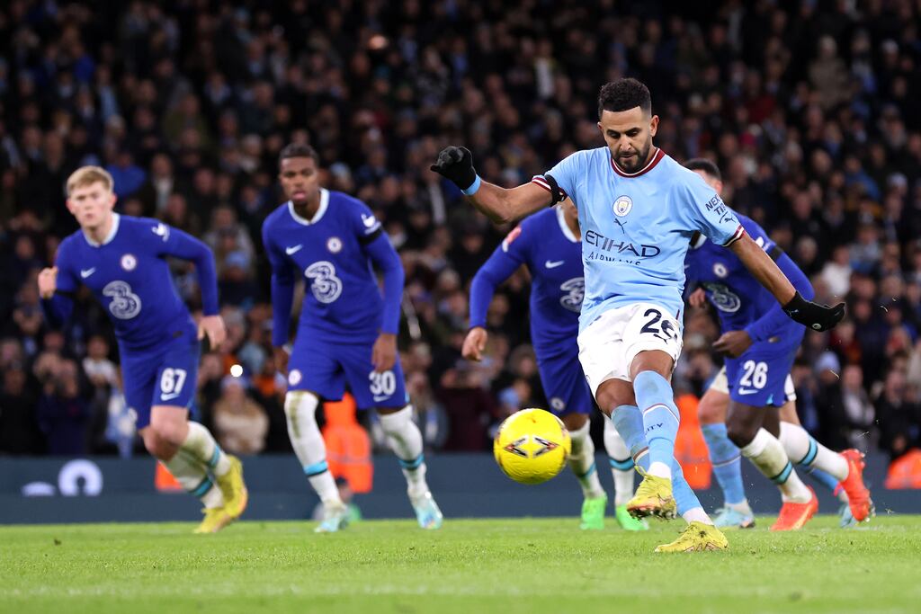Riyad Mahrez of Manchester City scored twice against Chelsea. Photograph: Alex Livesey/Getty Images