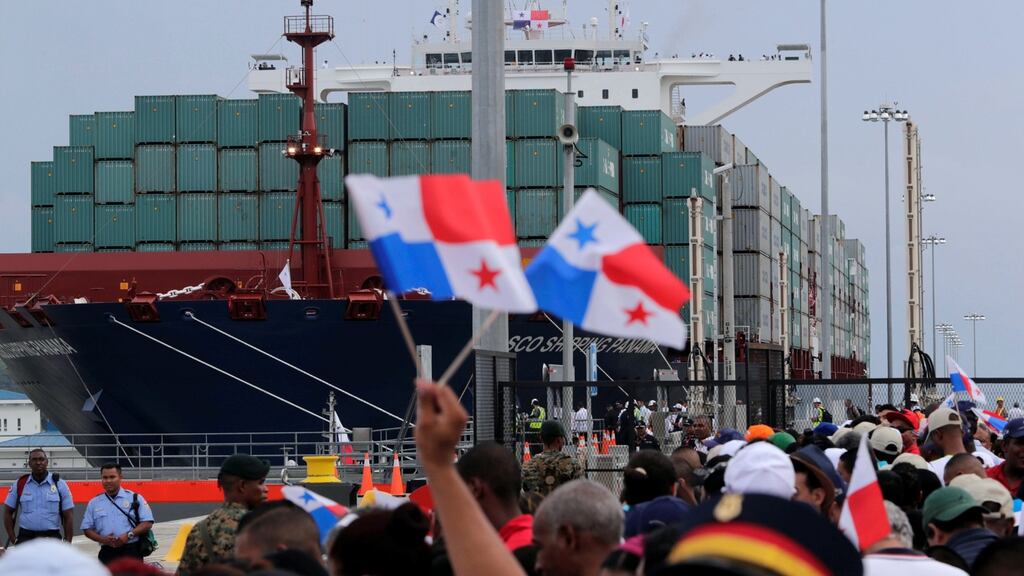 A Chinese container vessel navigates through the Agua Clara locks during the first ceremonial pass through the newly expanded Panama Canal in Agua Clara, Panama. Photograph: Carlos Jasso/Reuters