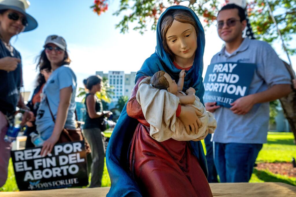 A religious figurine on display during an anti-abortion prayer event, at the Florida International University campus, in Miami. Photograph: Cristobal Herrera-Ulashkevich/Shutterstock/EPA