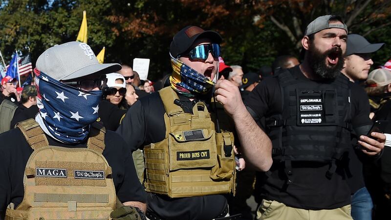 Members of The Proud Boys join supporters of Donald Trump during a rally in Washington on Saturday. Photograph: Oliver Douliery/AFP