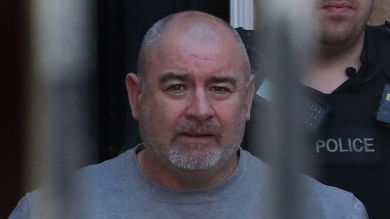 Paul McIntyre (51) leaving Derry Magistrates Court after he was charged with riot, petrol bomb offences and arson of a hijacked vehicle, on the night Lyra McKee was killed in the Creggan area of the city. Photograph: Niall Carson/PA Wire