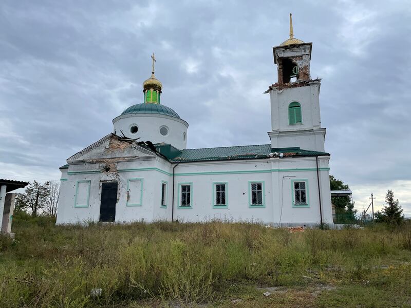 A church damaged by fighting in the village of Hrakove, northeastern Ukraine, which Ukrainian troops liberated this month along with the rest of the Kharkiv region. Photograph: Daniel McLaughlin