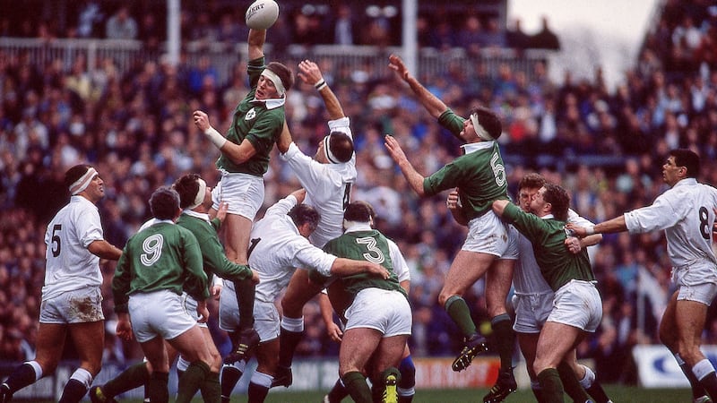 Ireland’s Neil Francis and Willie Anderson with Wade Dooley of England during a Five Nations game at Twickenham. Photograph: Billy Stickland/Inpho