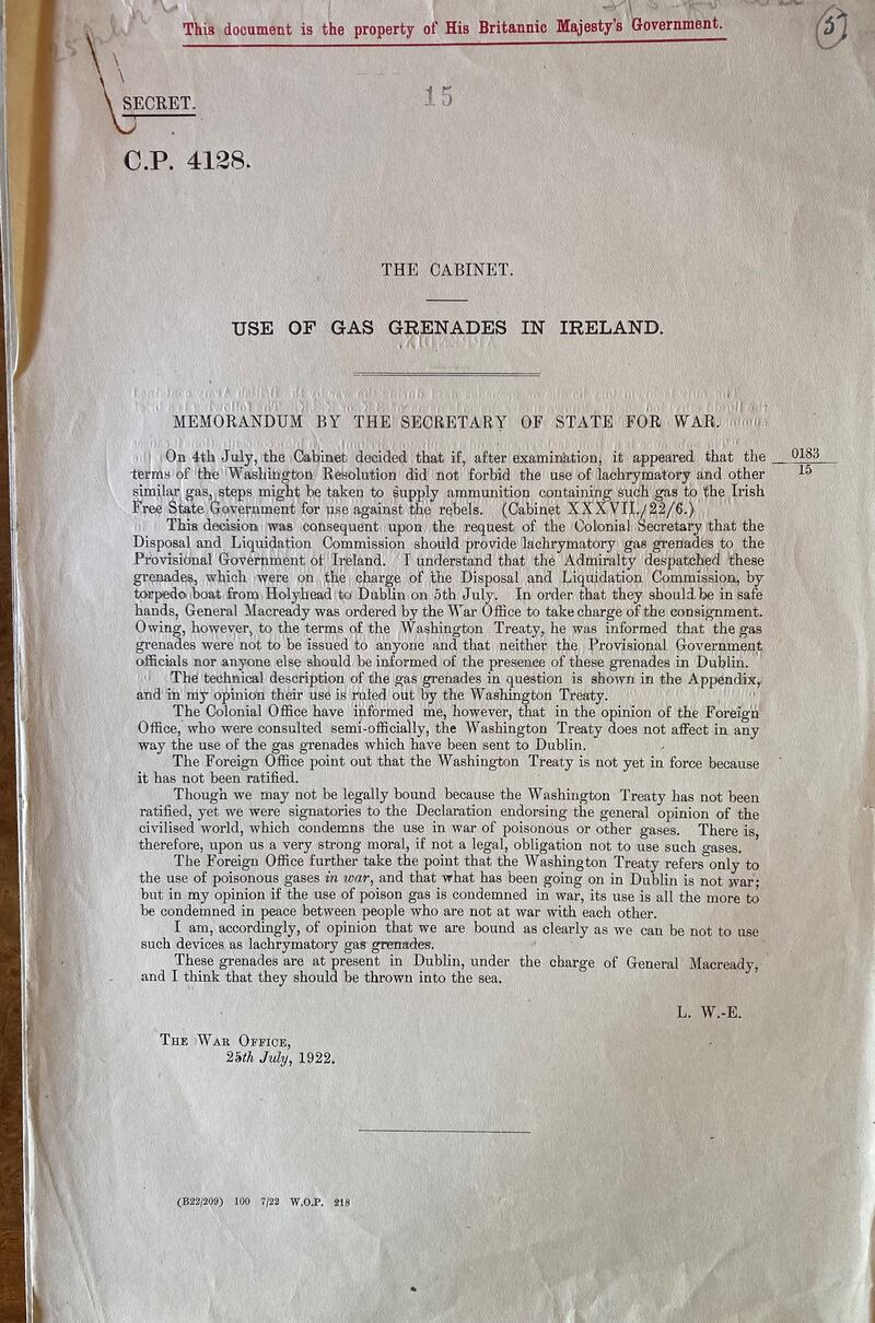 A memo to the British cabinet from secretary of state for war Laming Worthington-Evans.