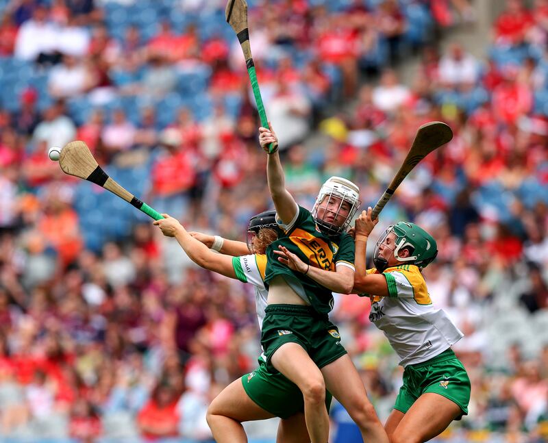 Kerry’s Shannon Collins with Offaly’s Megan King and Amy Byrne. Photograph: Tom O’Hanlon/Inpho