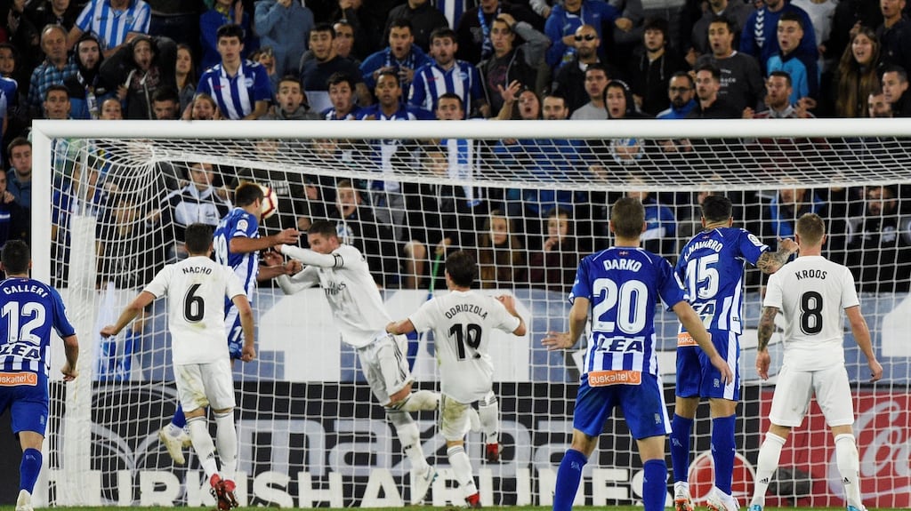 Alaves’ Manu Garcia heads home the winning goal deep in stoppage time in the La Liga game against Real Madrid at Estadio Mendizorroza in Vitoria-Gasteiz. Photograph: Vincent West/Reuters