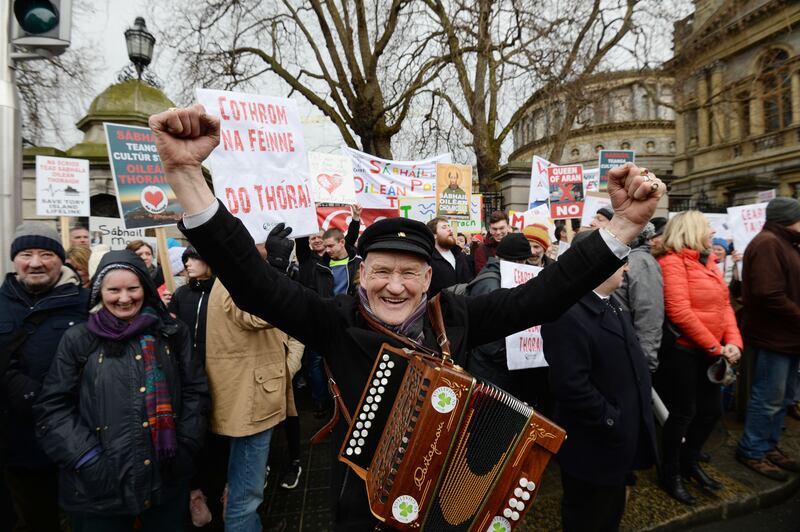 The king of Tory Patsy Don Rodgers outside the Dáil in 2018 with fellow Tory Island residents calling for an a new, bigger ferry to service the island. Photograph: Alan Betson