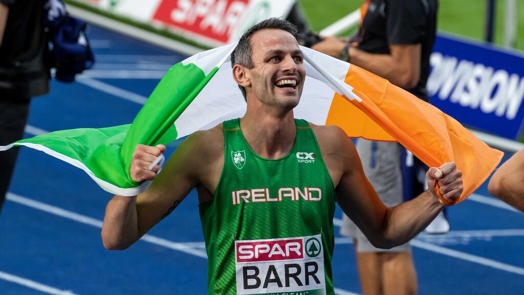 Ireland’s Thomas Barr celebrates finishing third in the Men’s 400m Hurdle final in the 2018 European Athletics Championships. Photograph: Morgan Treacy/Inpho