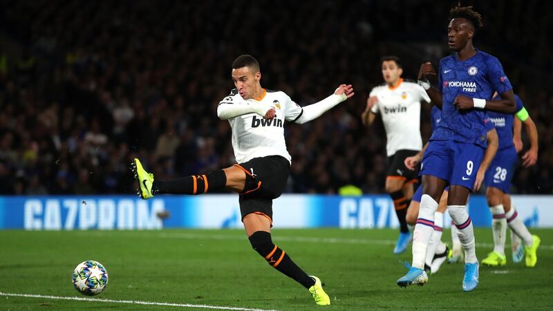 Rodrigo Moreno opens the scoring for Valencia at Stamford Bridge. Photograph: Richard Heathcote/Getty