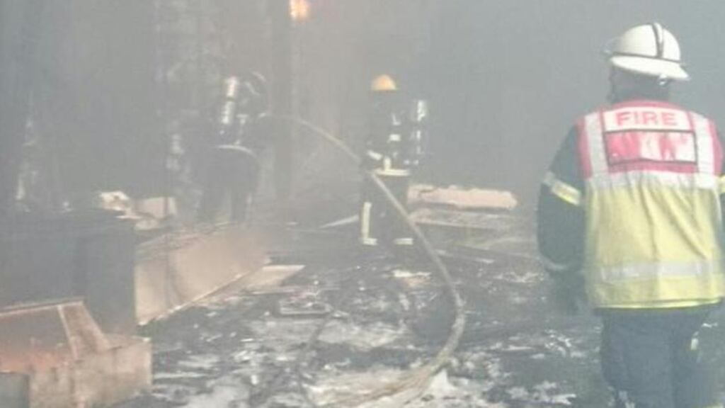 The scene at a derelict furniture factory on Basin Street earlier today. Photograph: Dublin Fire Brigade