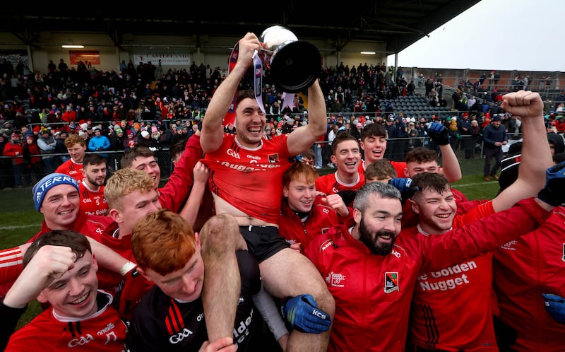 Killarney side Fossa celebrate their win over Kilmurry in the 2022 Munster junior football championship final. 'Fossa have been the biggest games of everything we’ve done on Clubber since we started,' says Jimmy Doyle. Photograph: Ryan Byrne/Inpho
