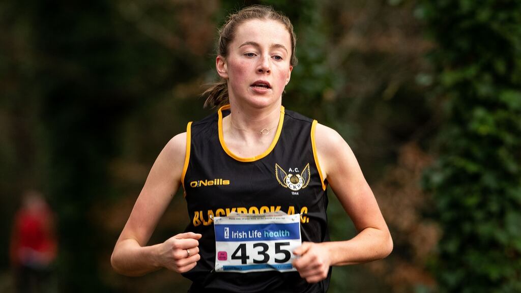 Sarah Healy of Blackrock AC on her way to winning the Junior women’s race in the Irish Life Health National Cross Country Championships on Sunday. Photograph: Bryan Keane/Inpho