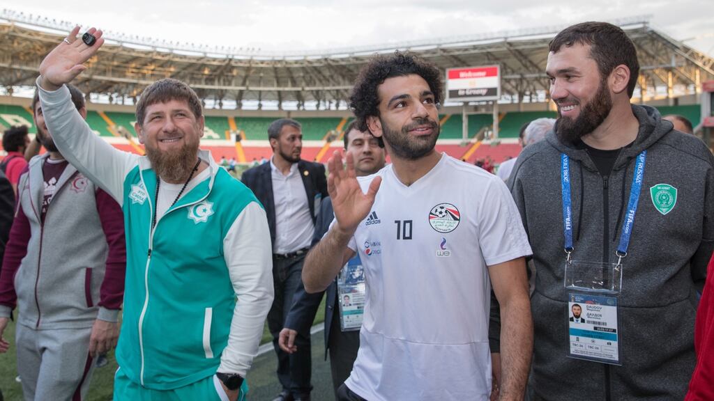Chechen leader Ramzan Kadyrov (L) with Mohamed Salah during an Egypt training session. Photograph: Kazbek Vakhayev/EPA
