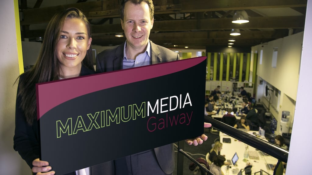 Maximum Media’s agency sales director Tara Moran and managing director John Burns mark the announcement of 20 jobs for the company’s  new Galway office.