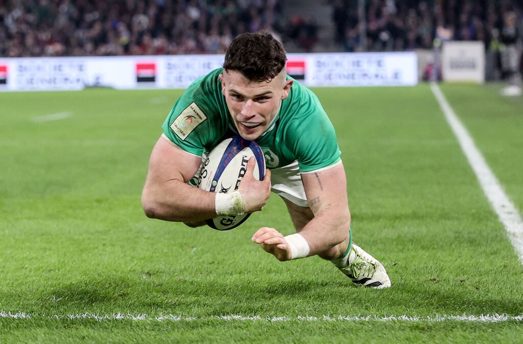 Ireland’s Calvin Nash scores their third try. Photograph: Dan Sheridan/Inpho