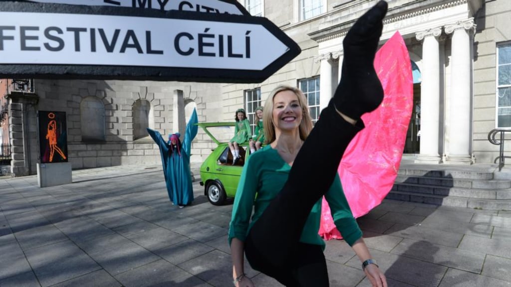 Dancer Dearbhla Lennon with young dancers, Eve and Erin Kirby from Dun Laoghaire outside the Hugh Lane Gallery on Monday. Photograph: Cyril Byrne/The Irish Times.
