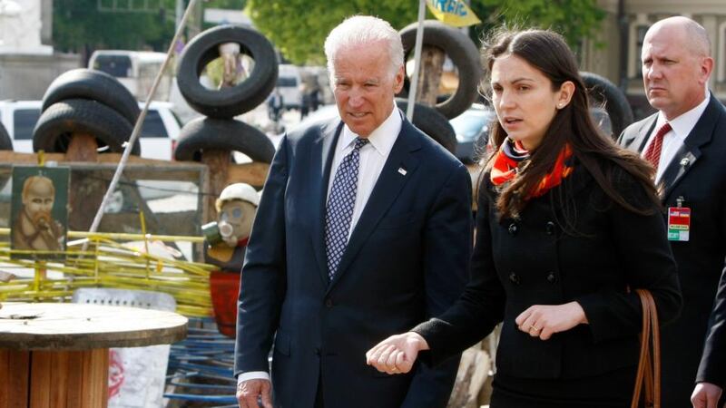 US vice-president Joe Biden visits Mikhailovskaya Square in Kiev yesterday. A tent camp erected by activists of the Euromaidan movement is visible in the background. Photograph: Reuters/Valentyn Ogirenko