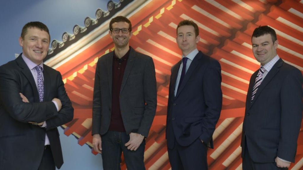 Jimmy Martin (left), chief executive of AMCS Group, with Tony Zappala, partner with Highland Capital Partners Europe, John Dolan, partner at Investee Ventures and Austin Ryan, business development director AMCS Group. Photograph: Brenda Fitzsimons / The Irish Times