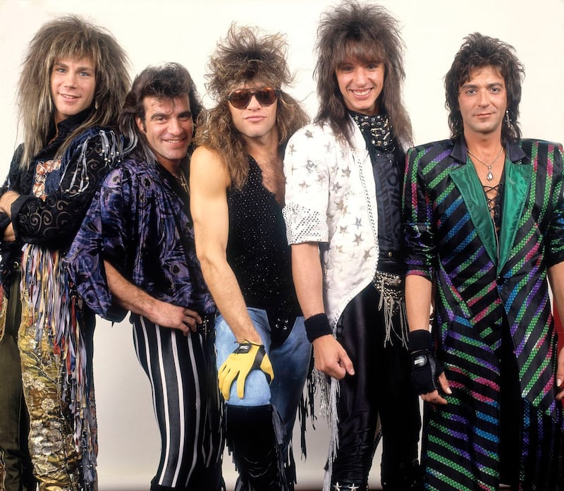 Portrait of American rock band Bon Jovi backstage before a performance, Illinois, early March, 1987. Pictured are, from left, David Bryan, Tico Torres, Jon Bon Jovi, Richie Sambora, and Alec John Such. Photograph:  Paul Natkin/Getty Images