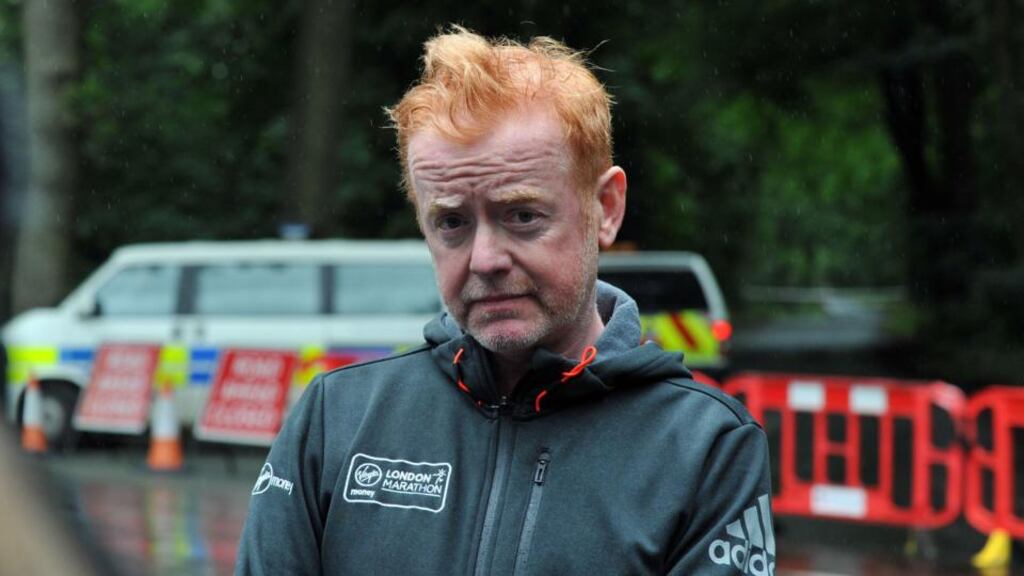 Chris Evans speaks to the media close to Oulton Park, Cheshire, after a pilot was killed when an aircraft taking part in an aerial show. Photograph: PA