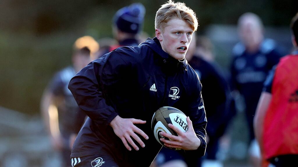 Tommy O’Brien: the 21-year-old gets a first start with Leinster when he partners Robbie Henshaw in the centre against Ulster at the RDS. Photograph: Ryan Byrne/Inpho