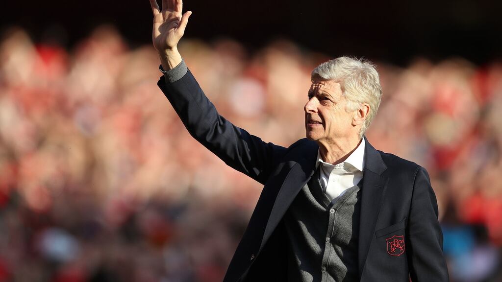 Arsène Wenger waving farewell to Arsenal’s fans after the team’s 5-0 defeat of Burnley. Photograph: Nick Potts/PA Wire.