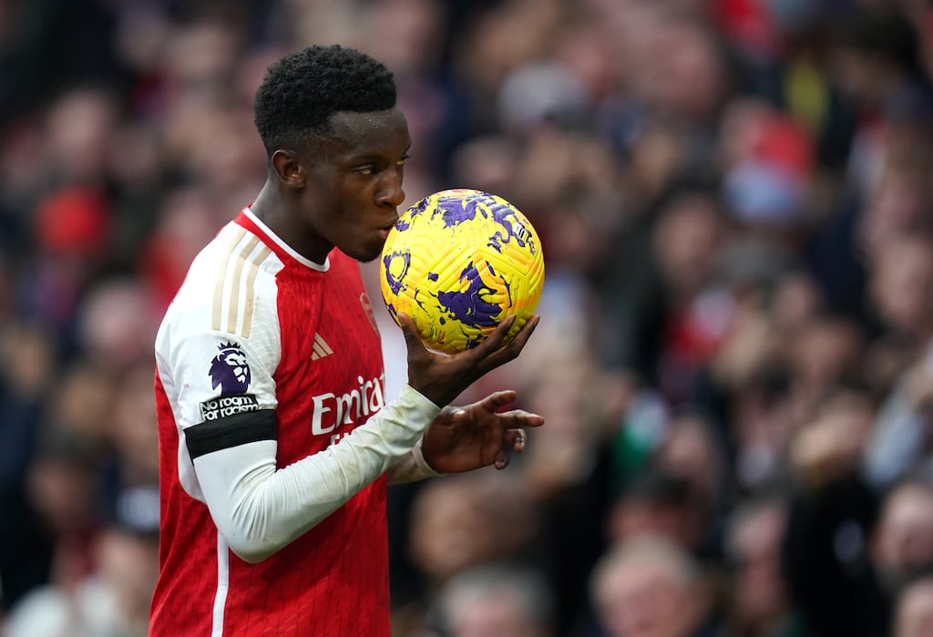 Arsenal's Eddie Nketiah kisses the match ball after completing his hat-trick in the Premier League win over Sheffield United at the Emirates Stadium. Photograph: John Walton/PA Wire