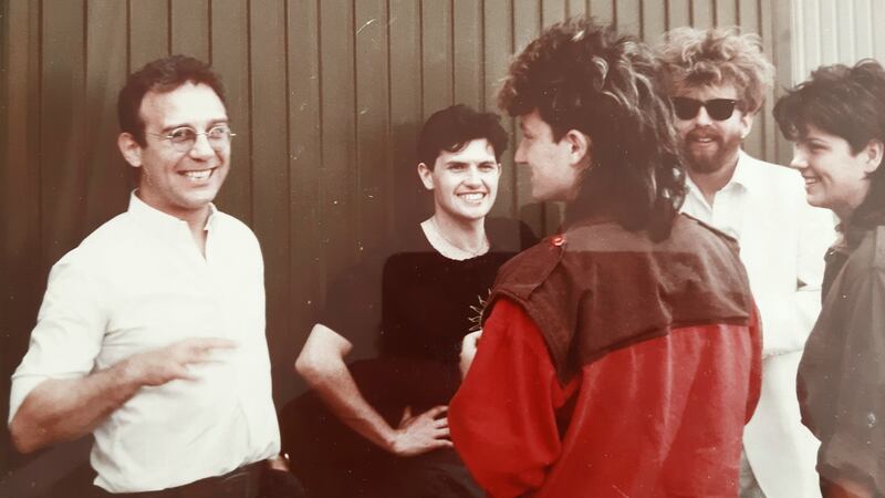 Simple Minds with Bono, his wife Ali and Dave Stewart backstage at a festival in 1983. Photograph: Bruce Findlay
