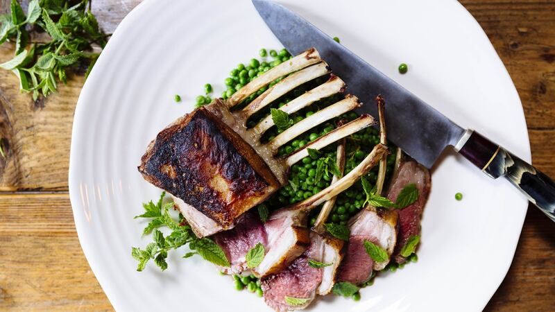 Rack of lamb with braised lemon and mint peas. Photograph: Emma Jervis