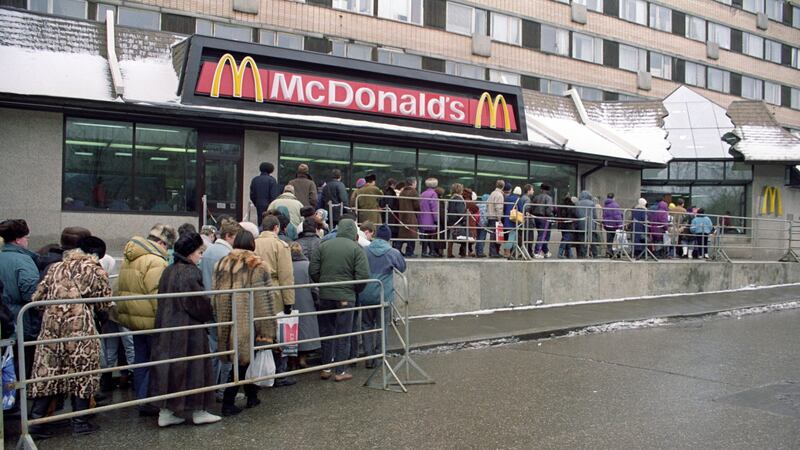 Muscovites   queue to enter  McDonald’s restaurant in Moscow, Russia, on February 1st, 1992. Photograph: Dima Korotayev/EPA