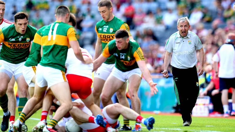 Kerry manager Peter Keane during the Kerry v Tyrone semi-final at Croke Park. Photograph: Ryan Byrne/Inpho
