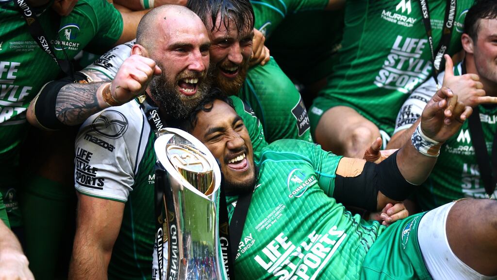 Aly Muldowney and Bundee Aki celebrate with John Muldoon after Connacht’s Pro12 win over Leinster. Connacht’s success was built on Pat Lam striking the correct balance between homegrown talent and players recruited from elsewhere.