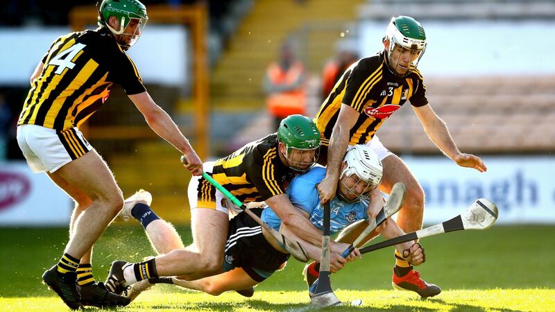 Kilkenny’s Tommy Walsh, Paddy Deegan, Paul Murphy tackle Dublin’s Liam Rushe. There are doubts over the full forward’s fitness for the weekend. Photograph: Ryan Byrne/Inpho