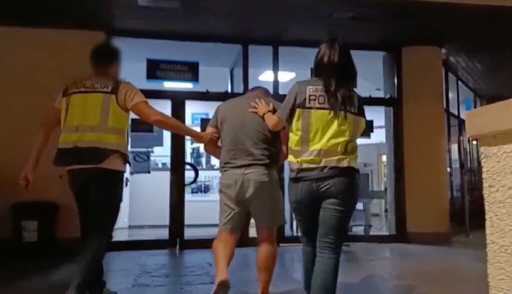 Dubliner Liam Byrne, a member of the Kinahan organised crime gang, is led away after being arrested in Mallorca earlier this month. Photograph: NCA/PA Wire